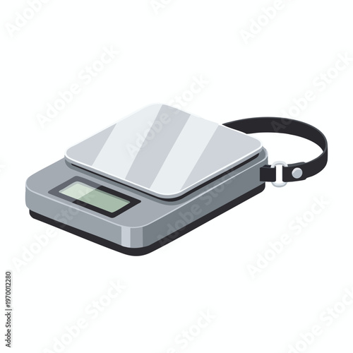 Gray digital scale with black strap and silver weighing platform