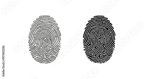Biometric fingerprint scan icons, black and grey digital thumbprint vector set, forensic identification symbols for security and data privacy
