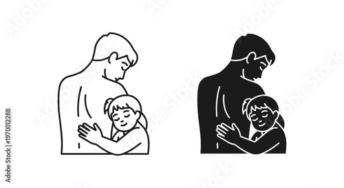 Minimalist line art father and daughter hugging, black and white silhouette of parent and child embracing, family love vector icons