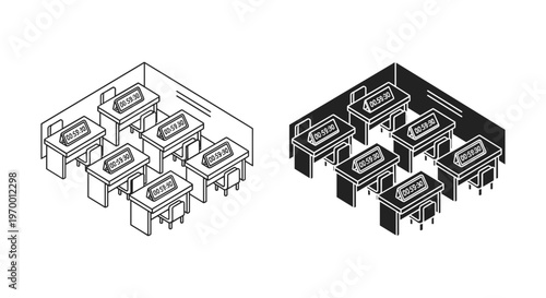 Isometric computer lab vector illustration, modern classroom interior with rows of desks and monitors, educational workspace line art and solid icons