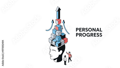 Conceptual isometric illustration depicting personal progress through building blocks on a human head with people observing the process.