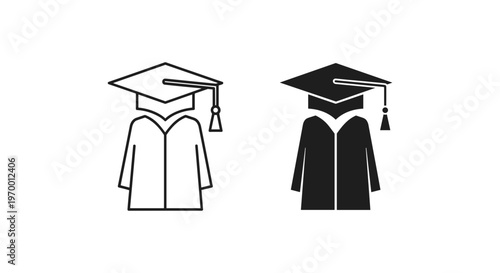Graduation student icon set with mortarboard cap and gown, academic achievement symbols in outline and solid black vector style, university degree ceremony graphics