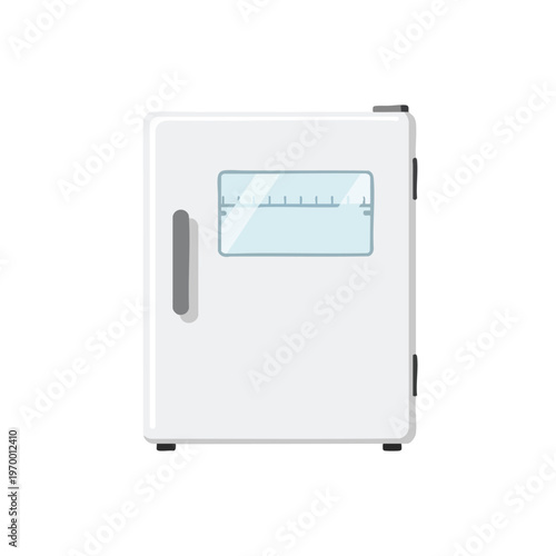 A simple illustration of a white refrigerator with a clear window on the door