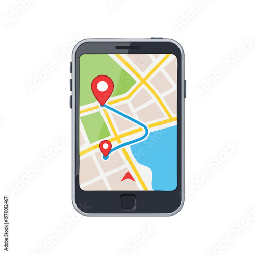 Smartphone displays a map with navigation route, pins, and water feature