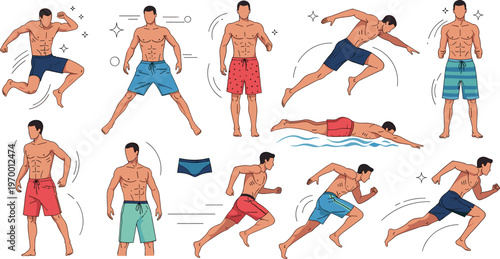Male swimmer and athlete poses set with running jumping and swimming actions sports activity vector illustration isolated on white background