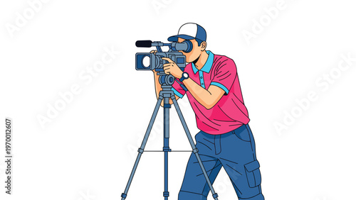 Professional videographer wearing a pink polo shirt and baseball cap operating a high end movie camera on a tripod for film production.