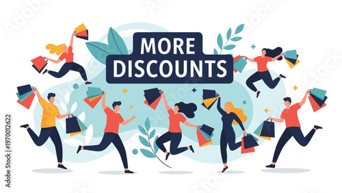 Crowds of enthusiastic shoppers running with colorful bags towards a large more discounts sign in a vibrant promotional sale illustration.