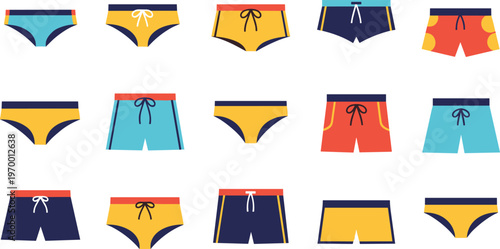 Men underwear and swimwear set with briefs and shorts colorful minimal clothing icons vector illustration isolated on white background