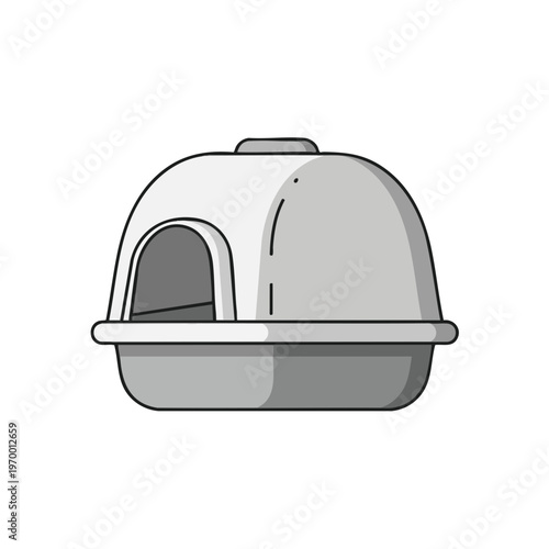 Simple cartoon illustration of a gray, covered litter box with an arched entrance