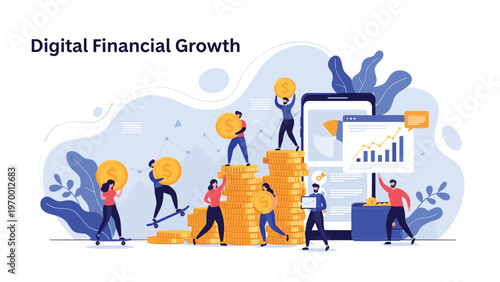 Conceptual business illustration showing diverse team members stacking large golden coins near a mobile phone to represent financial growth.