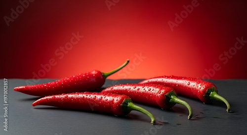 Vibrant Red Chili Peppers on a Dark Surface with a Striking Red Background.