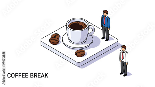 Creative isometric concept of a coffee break showing tiny businessmen standing on a giant saucer with a large cup of coffee and beans.