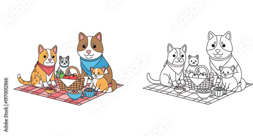 Cute Corgi and Husky Dog Family Picnic with Cats and Food Basket, Coloring Page and Colored Illustration Vector for Children Education Activity and Pet Lovers