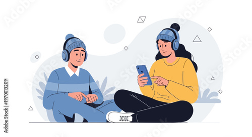 Two friends listening to music on headphones, one using a smartphone