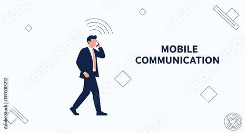Businessman talking on phone with mobile communication waves, modern abstract design
