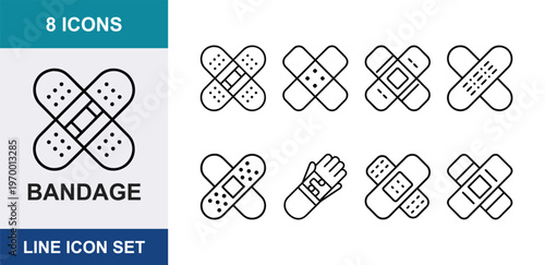Medical bandage line icon set, 8 adhesive plaster vector elements, first aid cross bandage symbols, healthcare wound care icons for medical apps