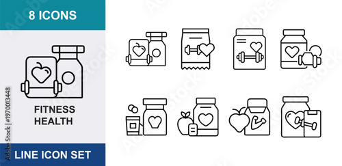 Fitness health line icon set, 8 icons featuring sports nutrition and gym supplements, outline vector symbols for bodybuilding and wellness
