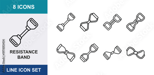 Resistance band line icon set, 8 icons of fitness elastic expanders for workout, gym equipment vector symbols for strength training and exercise