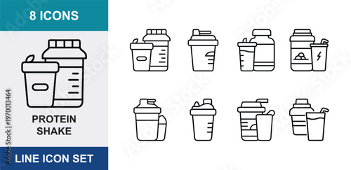 Protein shake line icon set, 8 fitness supplement icons, workout nutrition shaker bottles and protein powder containers, gym diet vector symbols