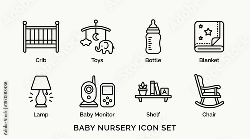 Outlined icons of baby nursery essentials including crib, toys, bottle, blanket, lamp, monitor, shelf, and chair, symbolizing infant care, comfort, safety, and nursery design.