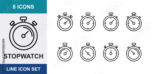 Stopwatch line icon set, 8 icons of timer and chronometer symbols, minimalist outline clock vector collection for sports and productivity tracking