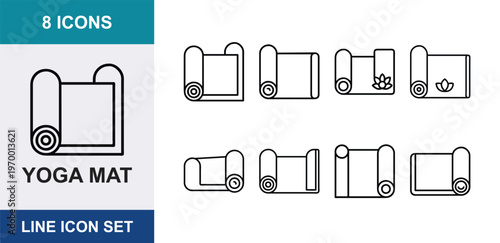Yoga mat line icon set, 8 icons of rolled and unrolled fitness mats, minimalist wellness equipment vector collection for pilates and gym apps