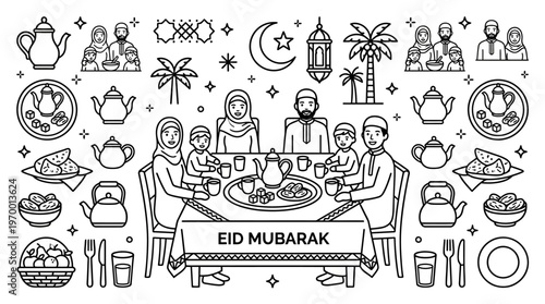 Outlined icons of Eid al-Fitr breakfast including family, table, teapot, bread basket, cups, pitcher, and utensils, symbolizing festive dining, tradition, and togetherness during celebration.