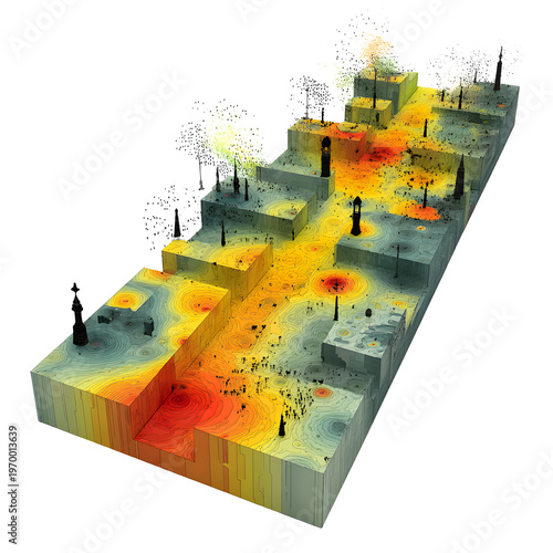 Abstract visualization of data flow and urban density across a stylized landscape.