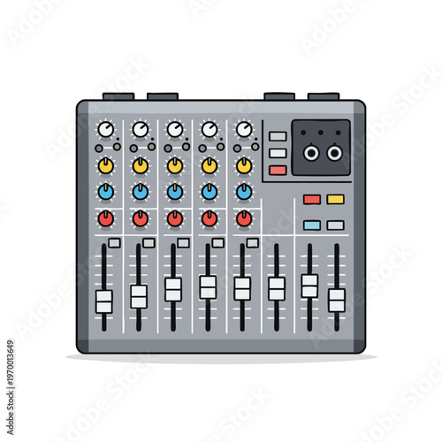 A flat illustration of a compact audio mixer with multiple sliders and knobs