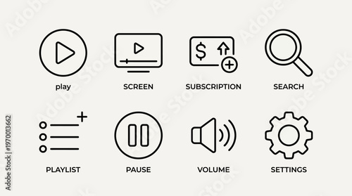 Outlined icons of media interface essentials including play, screen, subscription, search, playlist, pause, volume, and settings, symbolizing digital media navigation, control, and user interaction.