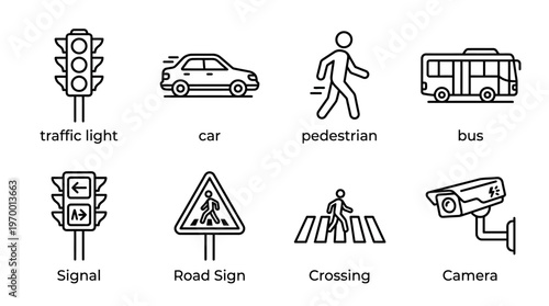 Outlined icons of traffic essentials including light, car, pedestrian, bus, signal, road sign, crossing, and camera, symbolizing urban transportation, road safety, and traffic system management.