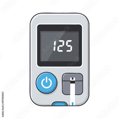 Digital glucometer displays reading of 125 on a dark screen, blue power button