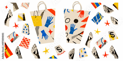 Collage of fragmented shopping bags hands and geometric shapes