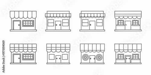 A collection of simple line drawn storefronts with awnings and doors