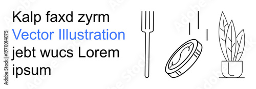 Food culture, interior design, minimalism, dining table setup, homeware, modern art. Fork, plate and plant in line art with text. Food culture and interior design concept