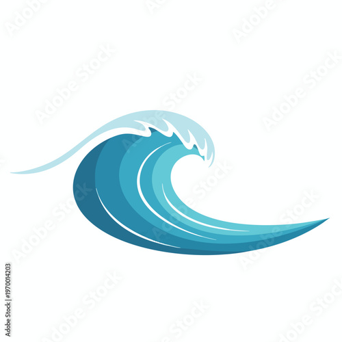 Stylized blue wave cresting, with white foam, on a clean white background
