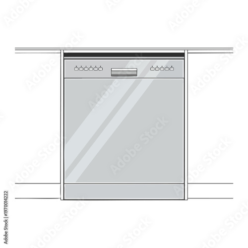 Silver dishwasher with control panel and glass door built into cabinetry