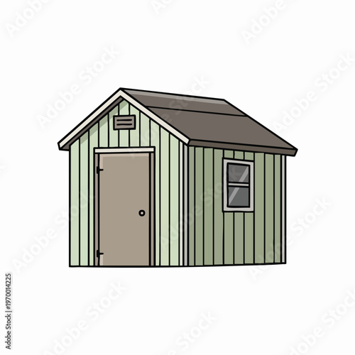 Simple pale green shed with a brown door, window, and gray roof