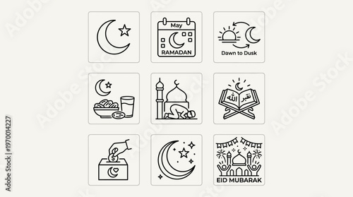 Outlined icons of Ramadan and Eid essentials including calendar, suhoor, fasting, iftar, prayer, taraweeh, zakat, moon sight, celebration, and gifts, symbolizing devotion, festivity, and tradition.