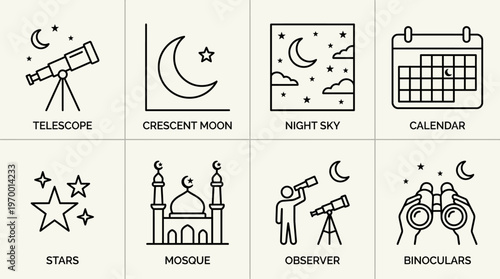 Outlined icons of astronomy and observation essentials including telescope, crescent moon, night sky, calendar, stars, mosque, observers, and binoculars, symbolizing celestial study and cultural conne