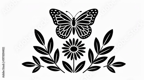 Black butterfly, flower, and leaves vector icon, insect and floral design element, nature symbol, botanical illustration isolated on Transparent Background