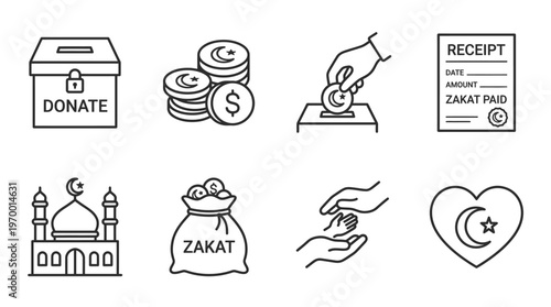Outlined icons of charity and Zakat essentials including donation box, coins, giving hands, receipt, mosque, zakat bag, helping hands, and charity heart, symbolizing Islamic giving and community suppo