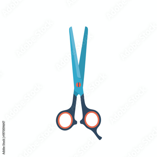 Open, blue haircutting shears with dark handles and orange finger loops