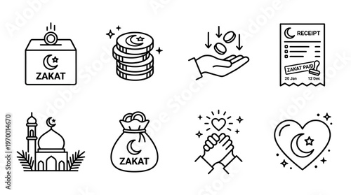 Outlined icons of charity and Zakat essentials including donation box, coins, giving hands, receipt, mosque, zakat bag, helping hands, and charity heart, symbolizing Islamic giving and community suppo