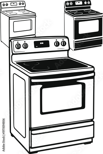 Set of Blue and Black Vector Illustrations of Modern Electric Kitchen Ranges with Smooth Glass Cooktops and Digital Displays for Home Appliance Catalog Design (25 words)