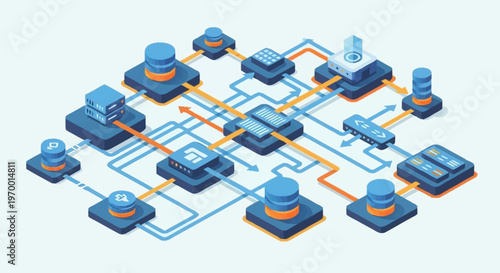 Isometric illustration of complex network system with blue and orange connections.