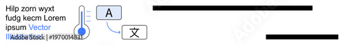 Language translation, education tools, multilingual communication, temperature tools, digital text, research. A thermometer and translation symbols with text boxes. Language translation and education