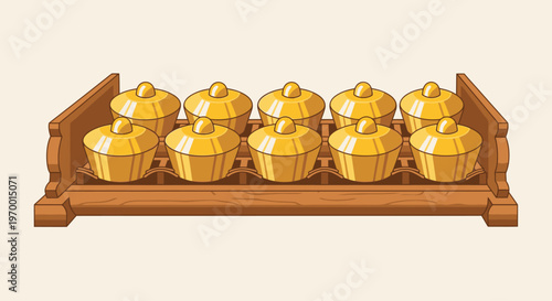 Golden cupcakes on a wooden tray delicious dessert