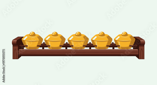 Row of Yellow Teapots on Wooden Tray
