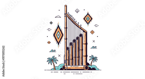 Vibrant Harp Illustration with Tropical Palm Trees and Geometric Patterns